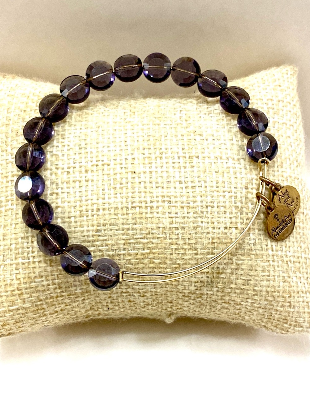Alex and Ani Smoked Purple Plum Crystal Beaded Wire Bangle Bracelet Gold Tone